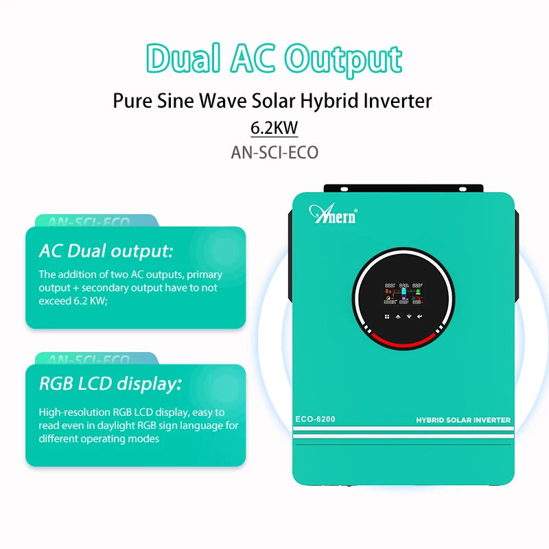 Anern 6.2KW 4.2KW 3KW 1.6KW Hybrid Inverter Off Grid Dual AC Output MPPT 120A on Grid Solar Inverter 48V 24V 12V 230V PV 500Vdc