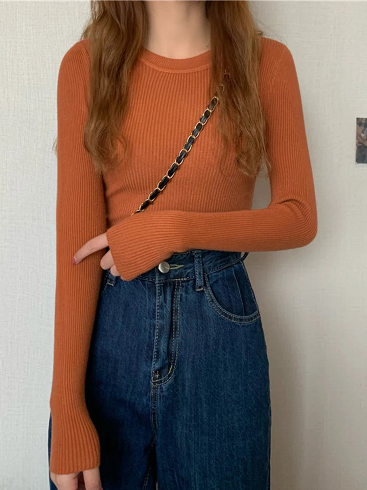 2025 New Women Sweater Long Sleeve Pullover Basic Top Fashion O-neck Elastic Female Winter Solid Knitted Jumper