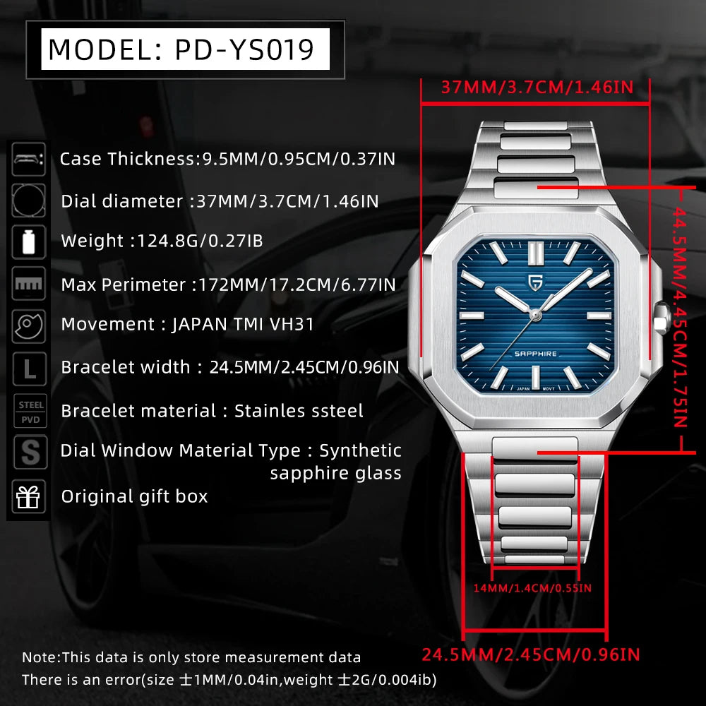 Retro Square PDYS019 PAGANI DESIGN Men's Quartz Wristwatches TMI VH31 37MM 10Bar Waterproof 316L Luxury Stainless Steel Sapphire
