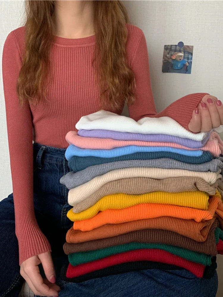 2025 New Women Sweater Long Sleeve Pullover Basic Top Fashion O-neck Elastic Female Winter Solid Knitted Jumper