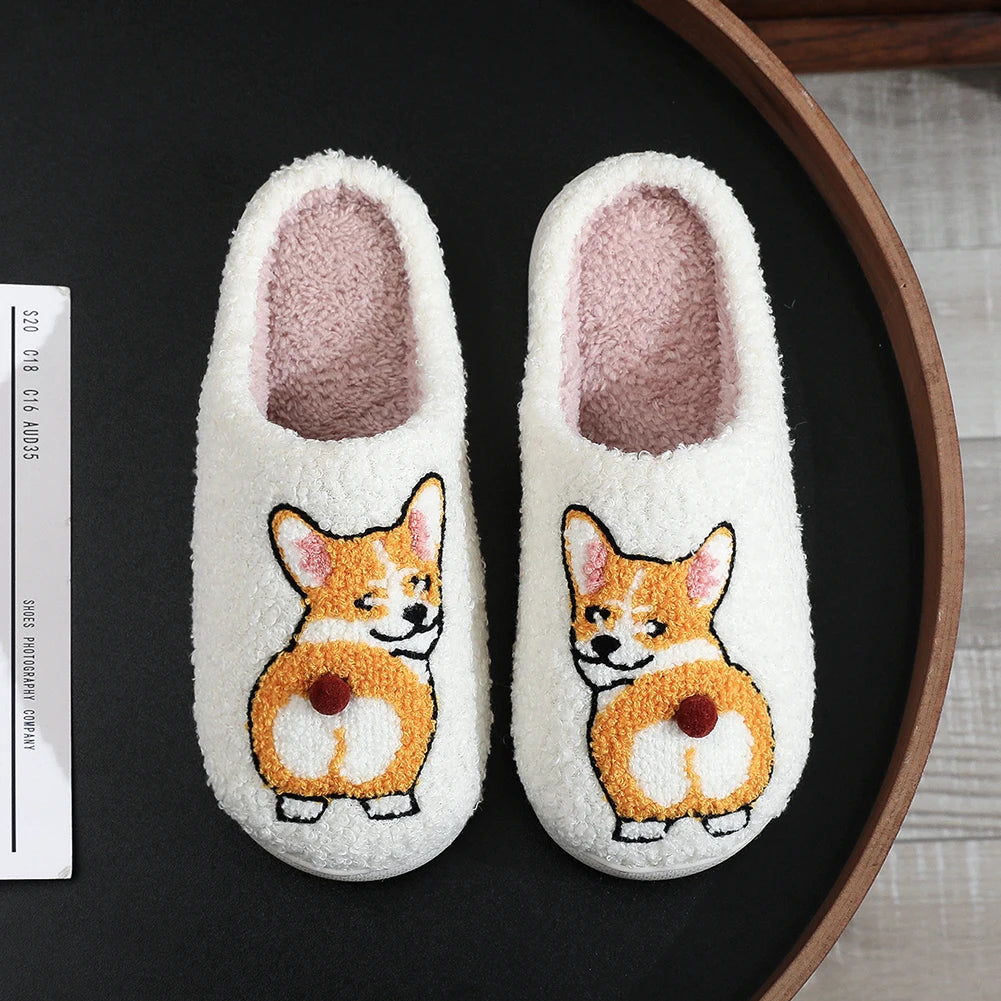 Plush Dog Slippers Fuzzy Indoor Slippers Anti Slip Closed Toe Slippers Comfortable Funny Corgi Dog Slippers for Indoor Bedroom