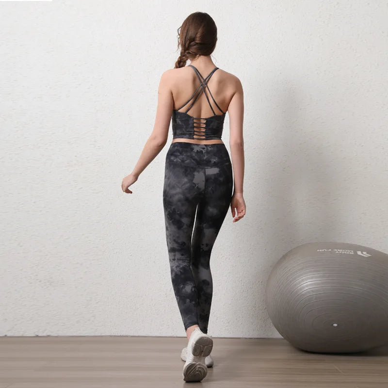 Women's High-Waist Hip-Lifting Seamless Yoga Sets Tie-Dye Sports Fitness Workout Gym Leggings with Beauty Back Bra Suits