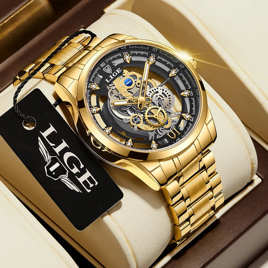 LIGE Men Watch Skeleton Quartz Wristwatch Gold Skeleton Retro Man Watch Top Brand Luxury Clock Mens Watches Relojs Hombre+Box