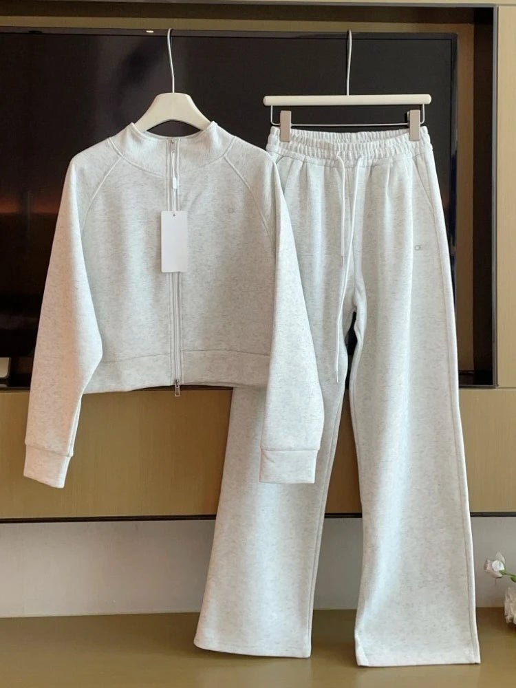 Woman Autumn Stand Up Collar Casual Zipper Jacket Suit Fashion Loose Straight TrousersSweatshirts Sweatpants 2 Pieces Set for