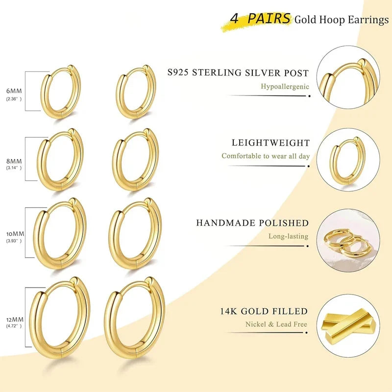 4Pair/set Stainless Steel Circle Hoop Earrings for Women Classic Small Helix Hoops Loop Ring Huggie Cartilage Piercing Jewelry