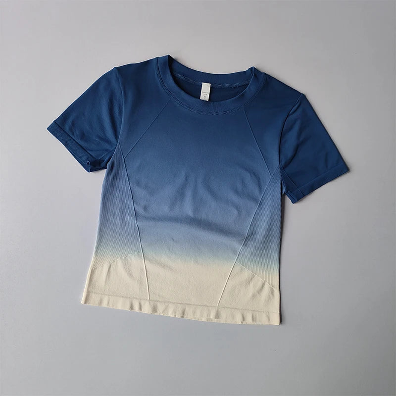 Women's Seamless Yoga Shirt Short Sleeve Crop Top Fitness Gradient Sport T-shirts Workout Gym Clothes for Running