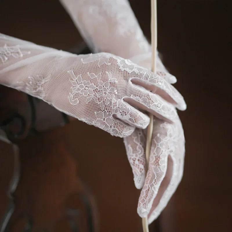 Sexy Thin Women Lace Flower White Black Long Gloves Transparent Mesh Eyelash Tulle Bridal Wedding Party Dress Accessories