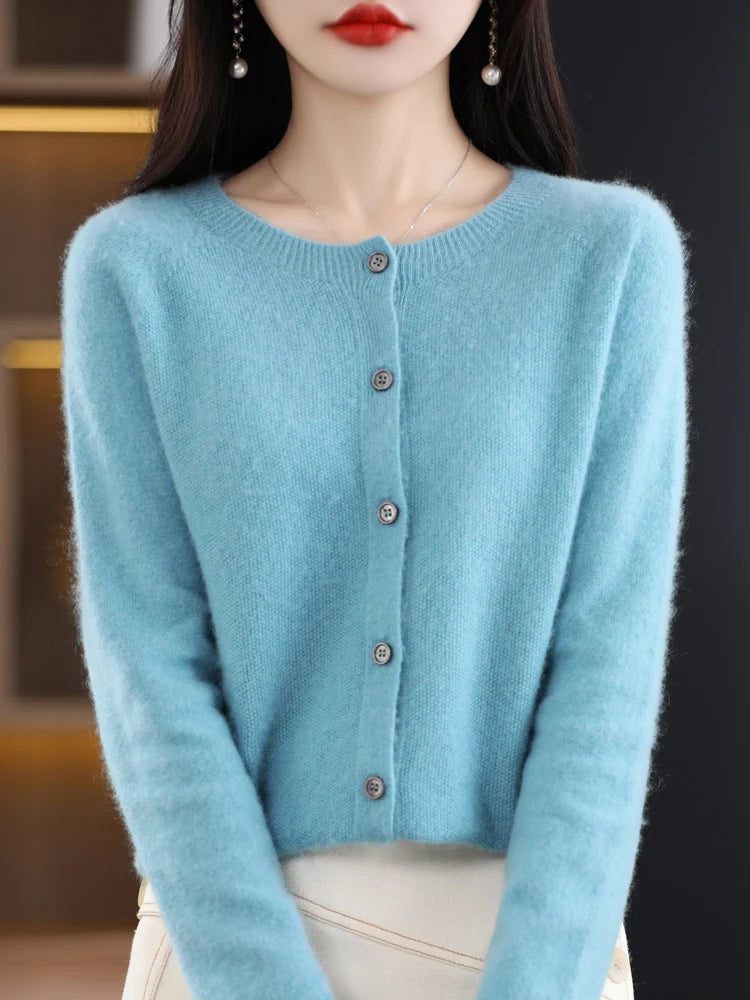 New Fashion 100% Merino Wool Women's O-neck Cardigan Cashmere Sweater 2025 Female Clothing Grace Knitwear Korean Tops