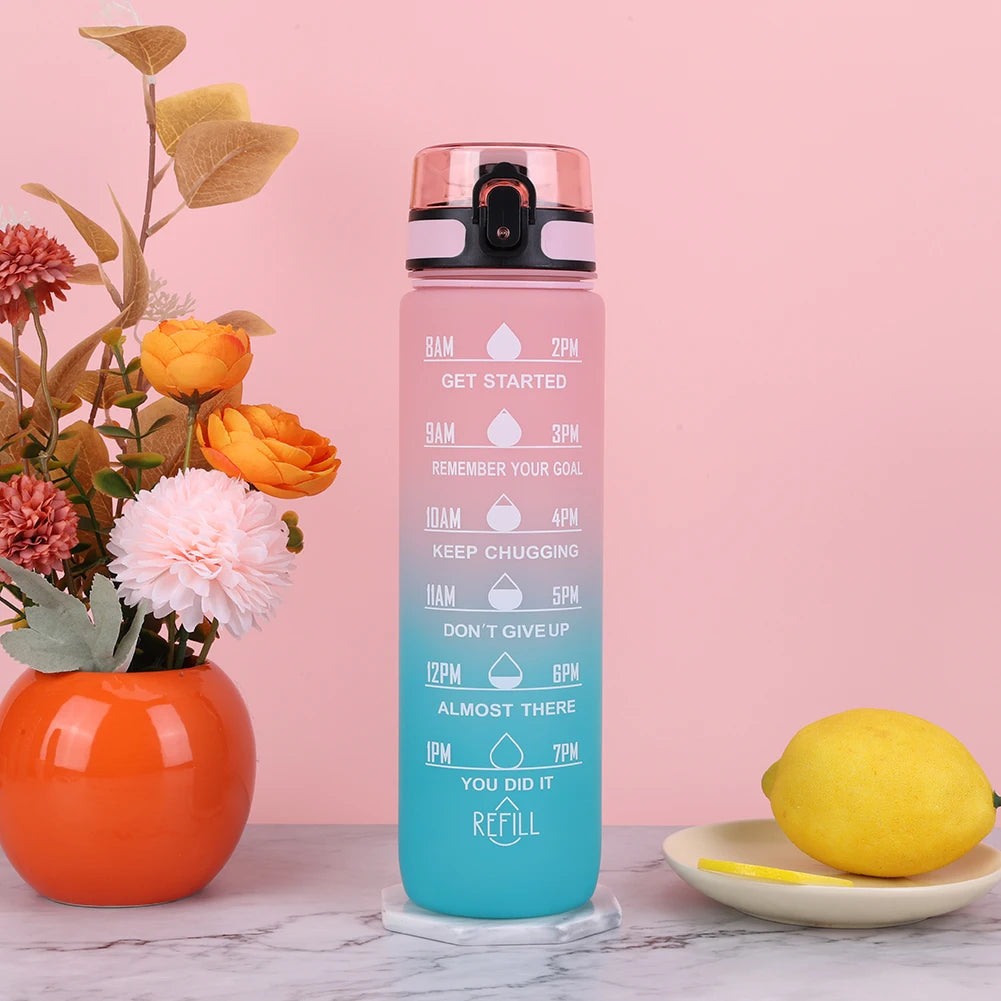 1000ml Motivational Water Bottle with Handle Frosted Gradient Cup Large Capacity Time Scale Water Cup for Fitness Yoga