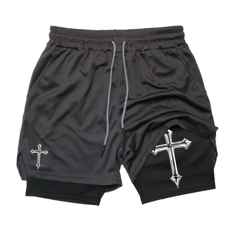 Men's cross printed 2-in-1 training shorts with compression lining Christian gym sports shorts phone pocket towel buckle run