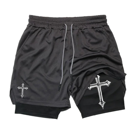 Men's cross printed 2-in-1 training shorts with compression lining Christian gym sports shorts phone pocket towel buckle run