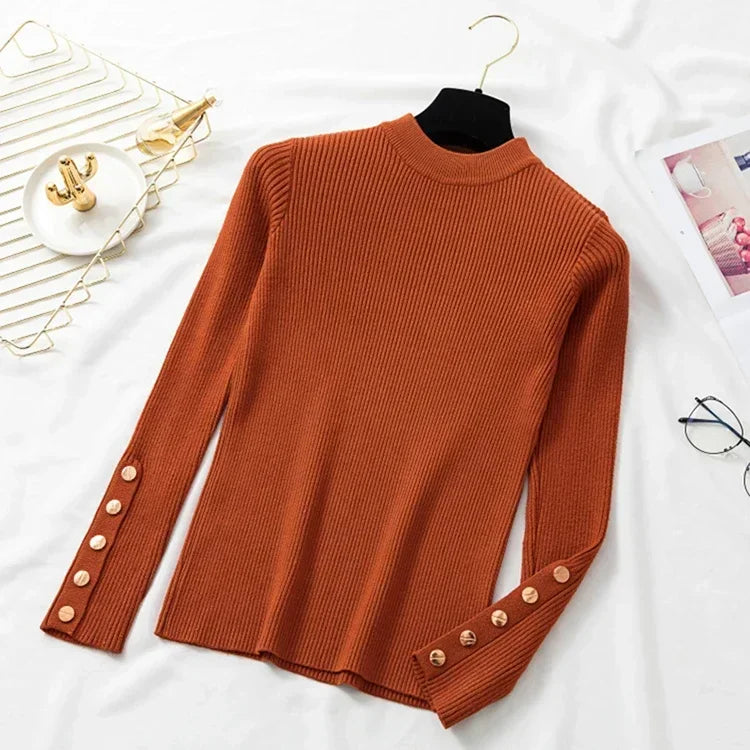 2025 Casual Women Sweater Pullovers Button Long Sleeve O-neck Chic Sweater Female Slim Knitted Soft Jumper Tops