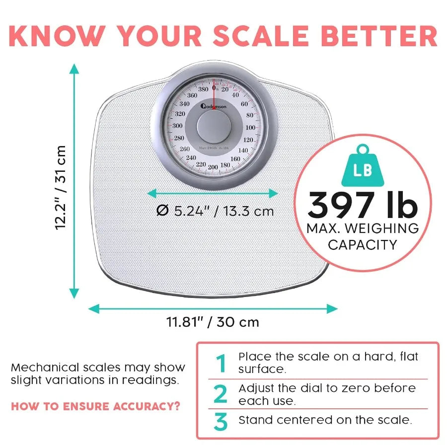 A25 Scales for Body Weight Up to 400 LB 5.3 Dial on 12.4 x 10.2 Platform AntiSkid Rubber Surface High Precision Bathroom Scale
