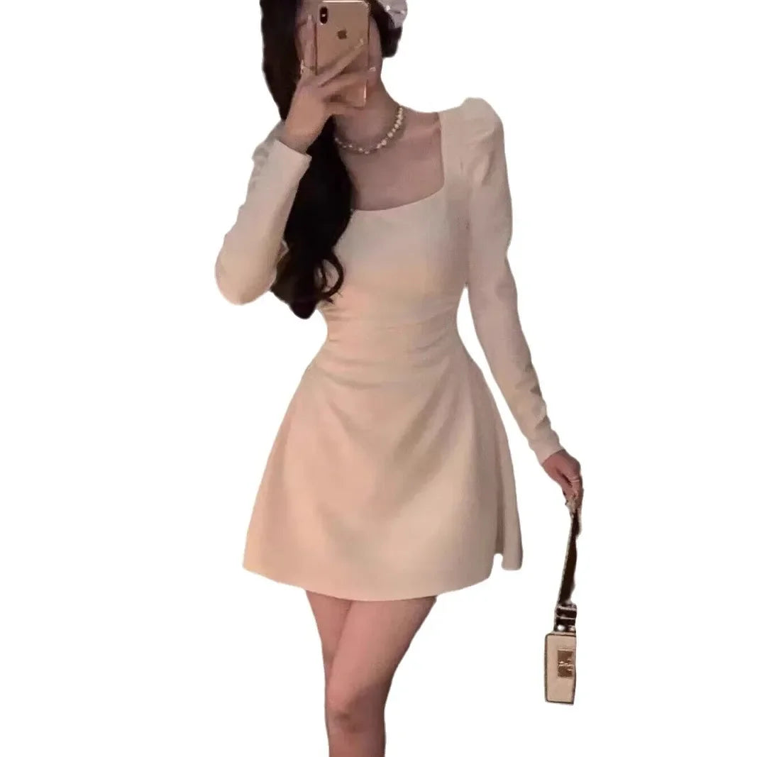 Elegant French Style Square Collar Long Sleeve Dress Women's Fashion Slimming Waist Cinched Autumn New Mini Dress Polyester Fibe