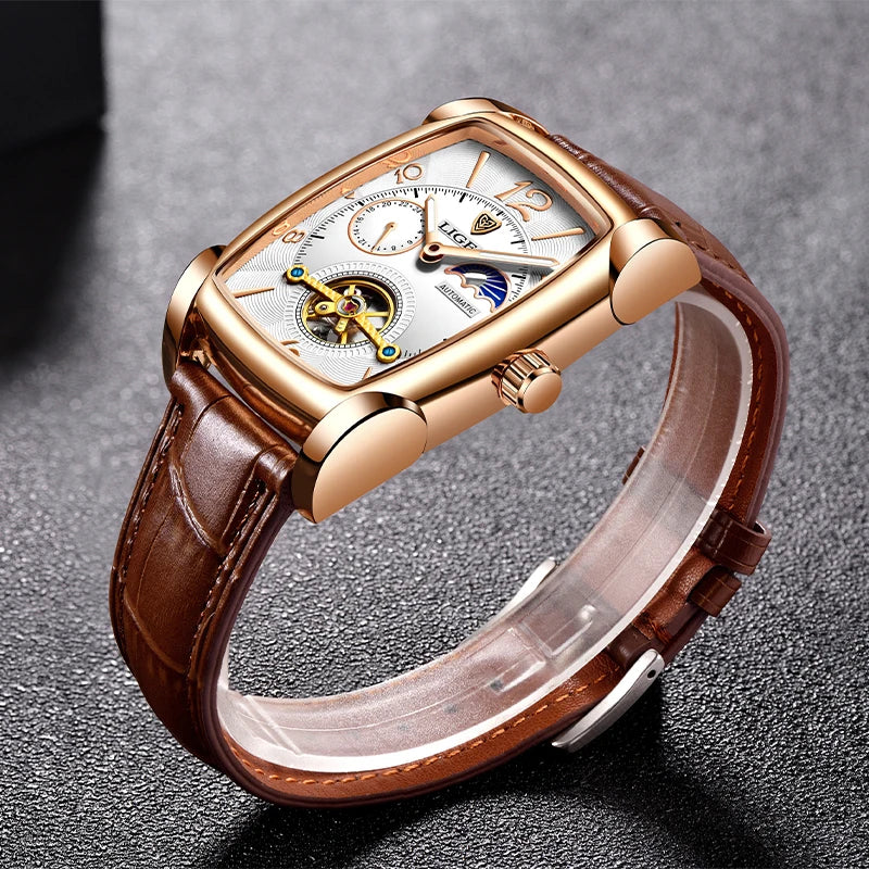 LIGE Fashion Men's Mechanical Wristwatches Top Brand Luxury Leather Square Watch Men Business Sports Tourbillon Watch For Men