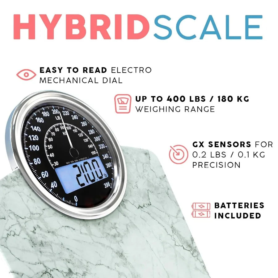 Hybrid 2in1 Analog Digital Weighing Scale for Body Weight up to 400lbs Thick Tempered Glass Extra Large Display Easy to Read Di