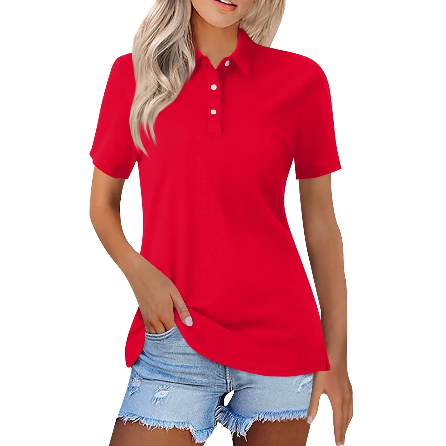 Women's Tops Short Sleeve Polo Shirts Summer Casual Collared Button T-Shirts Vneck Loose Fit Fashion Lapel Solid Color Tunics