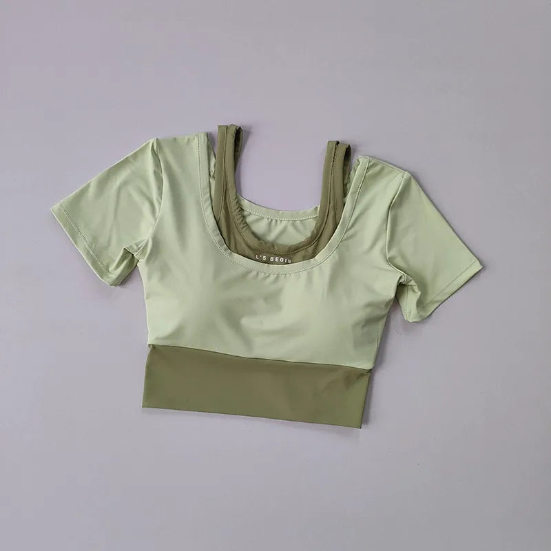 Women's Padded Yoga Shirts Short Sleeve Sports Crop Top Fitness Gym Workout T-Shirt Sexy Cropped Running Tights Clothing