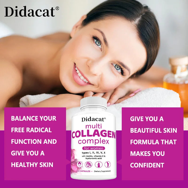 Didacat Multi-Collagen Complex - Biotin, Vitamin C, Hyaluronic Acid for Skin, Nails, Hair, Joints and Cellular Health