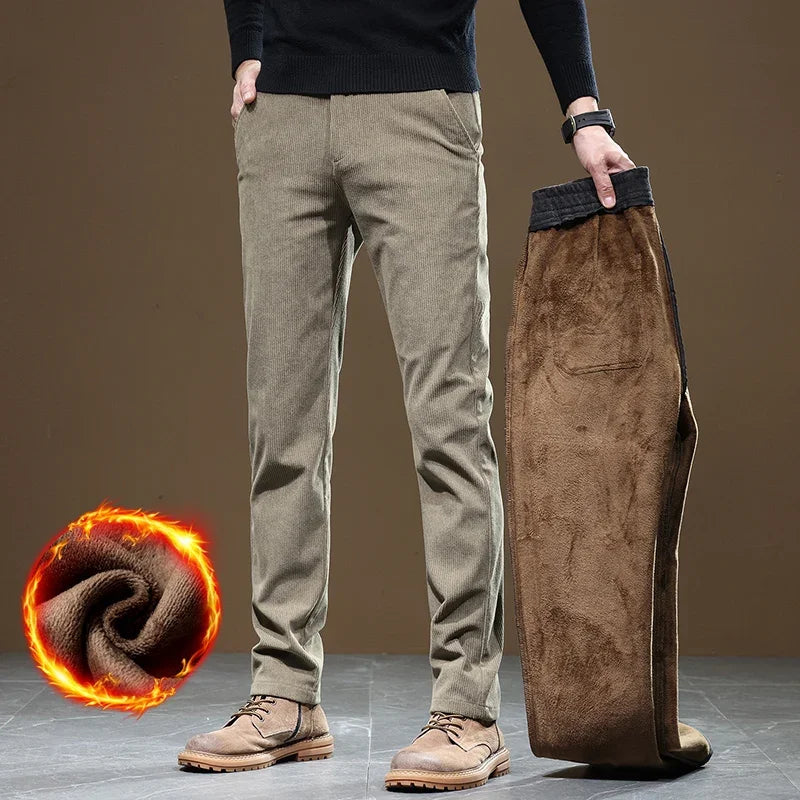 2025 New Winter Fleece Warm Corduroy Pants Men Business Fashion Slim Fit Stretch Thicken Gray Khaki Fluff Casual Trousers Male