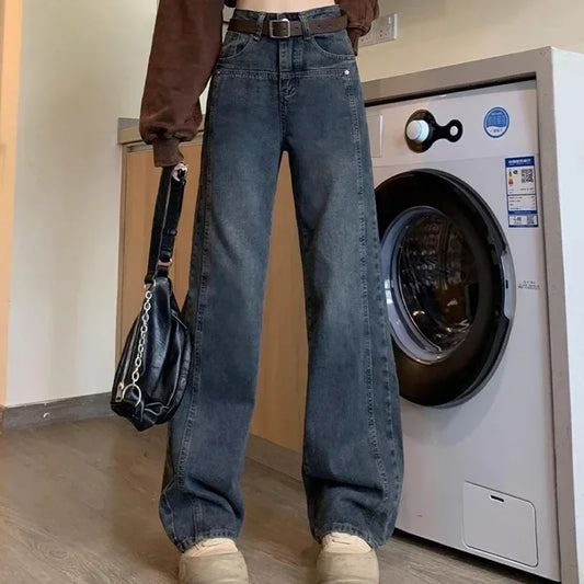 Woman New High Waist Vintage Streetwear Jeans Female Fashion Casual Loose Straight Leg Pants Girls Y2k Black Gray Denim Trousers
