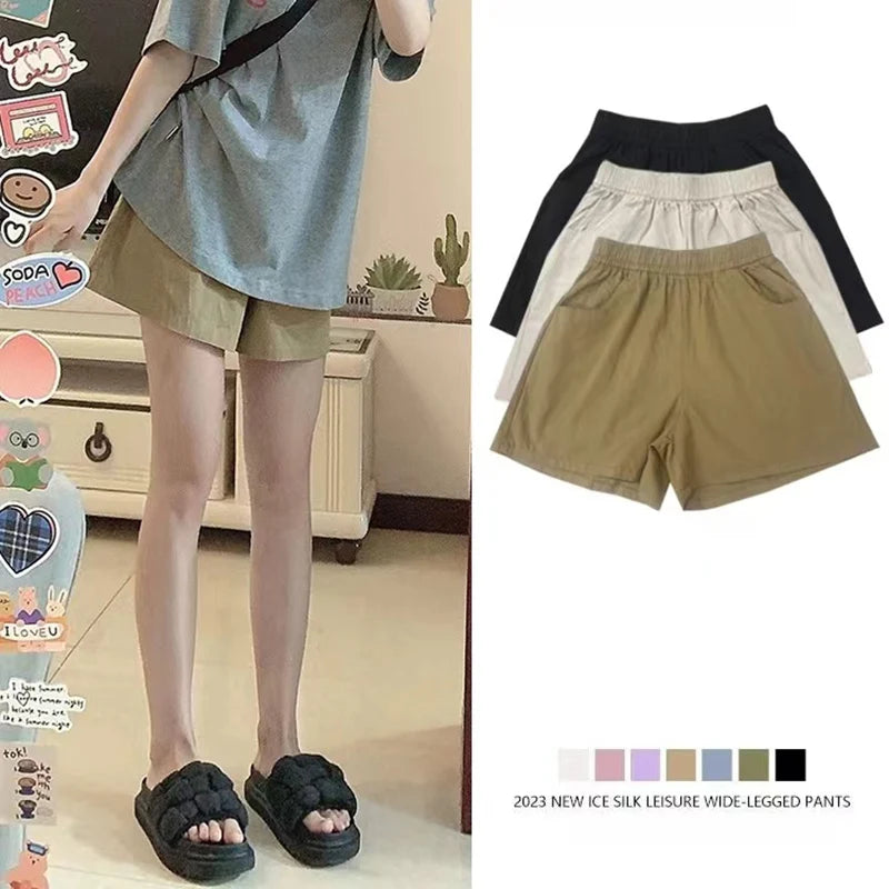 Women Summer Soft Casual Shorts Pants Lady Baggy Wide Leg Elastic Pink Cotton Cargo Pants Female High Waist Beach Baggy Pants