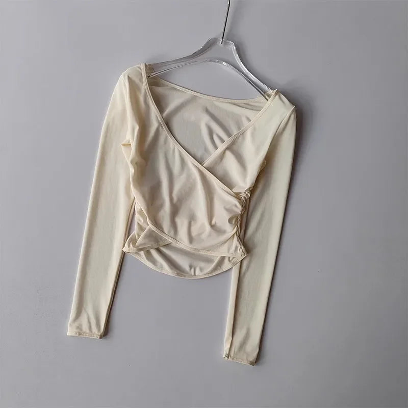 Sports T-shirt V-neck Mesh Breathable Pilates Yoga Clothes Cross-body Shirt Long Sleeves Running Training Fitness Blouse Clothes