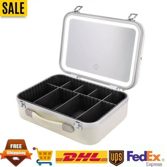 13.49.44.7in White Makeup Organizer with High-Def Mirror+3 LED Light Modes, Portable Cosmetic Storage Case Adjustable Dividers