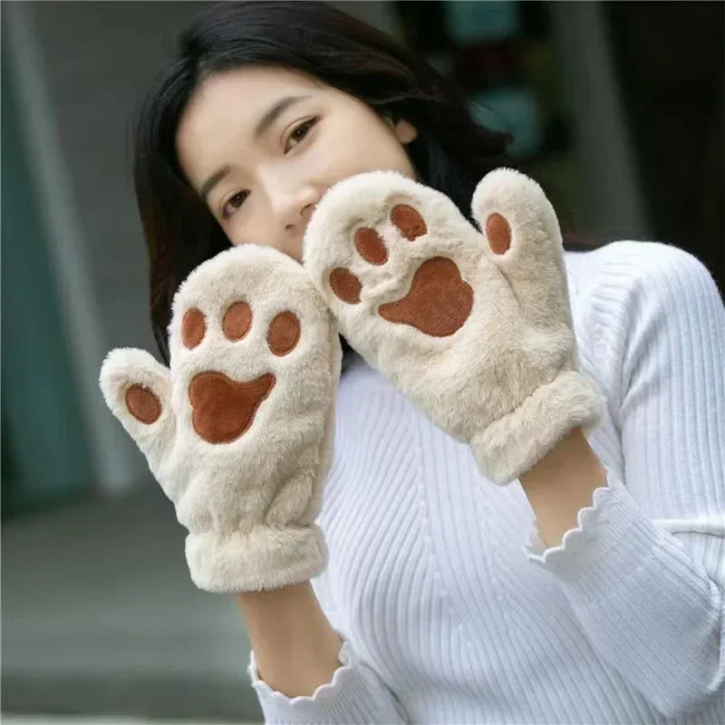 Elegant Thicken Plush Soft Winter Fingerless Gloves Women Warm Fur Mittens Cold Protection Velvet lining Outdoor Fluffy Gloves