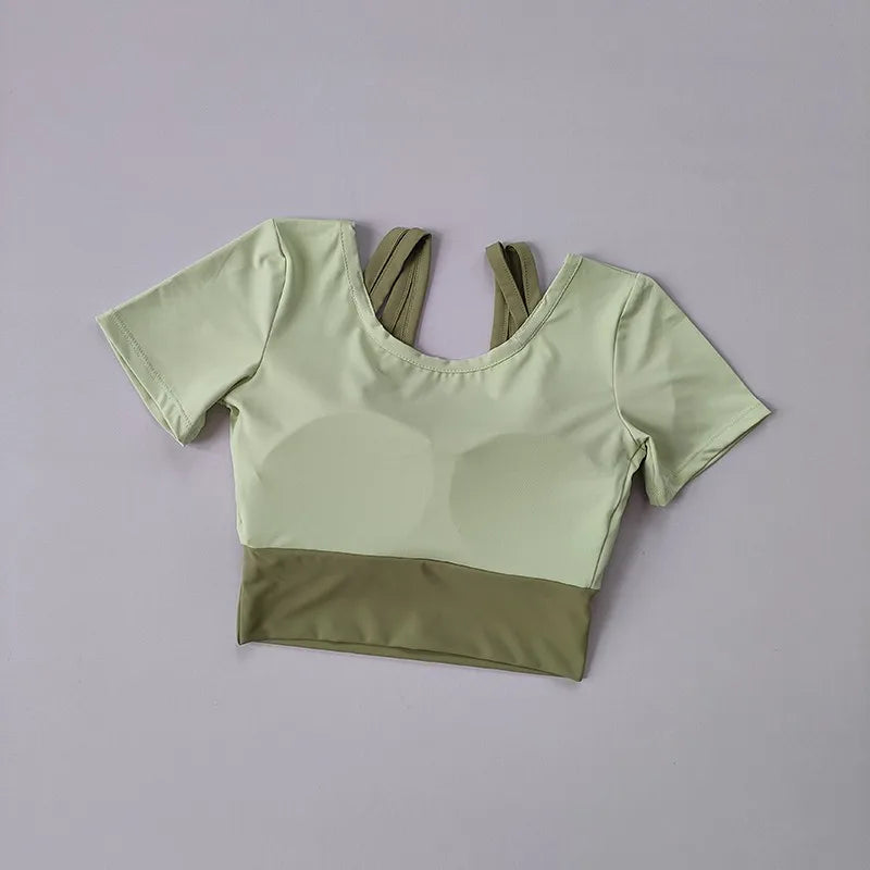 Women's Padded Yoga Shirts Short Sleeve Sports Crop Top Fitness Gym Workout T-Shirt Sexy Cropped Running Tights Clothing