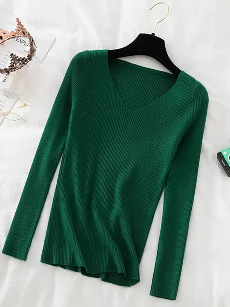 2025 Fashion V-neck Elastic Basic Top New Women Sweater Long Sleeve Pullover Female Winter Solid Knitted Jumper