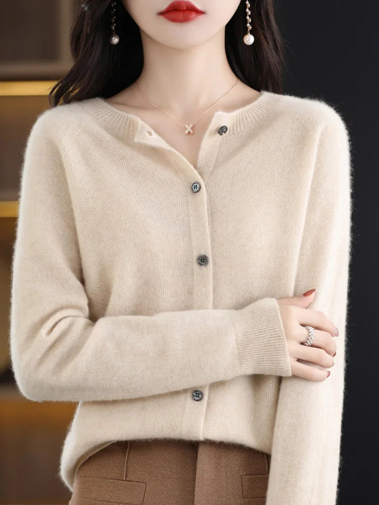 New Fashion 100% Merino Wool Women's O-neck Cardigan Cashmere Sweater 2025 Female Clothing Grace Knitwear Korean Tops
