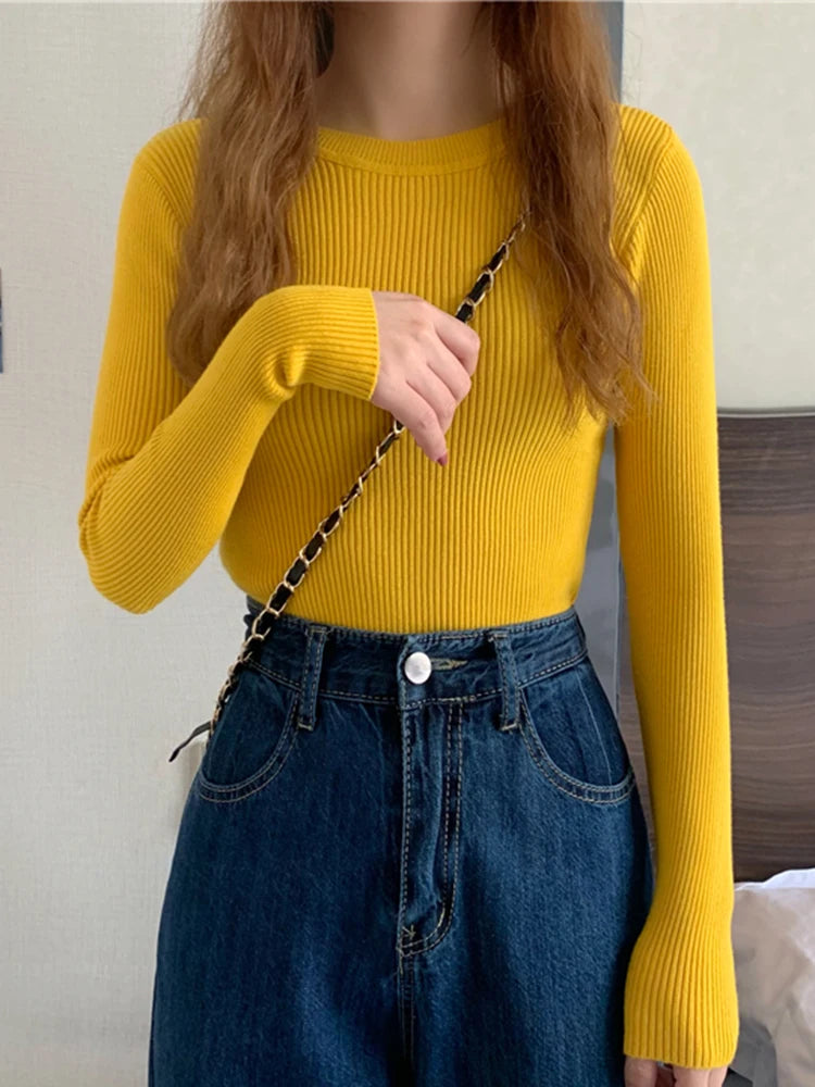 2025 New Women Sweater Long Sleeve Pullover Basic Top Fashion O-neck Elastic Female Winter Solid Knitted Jumper