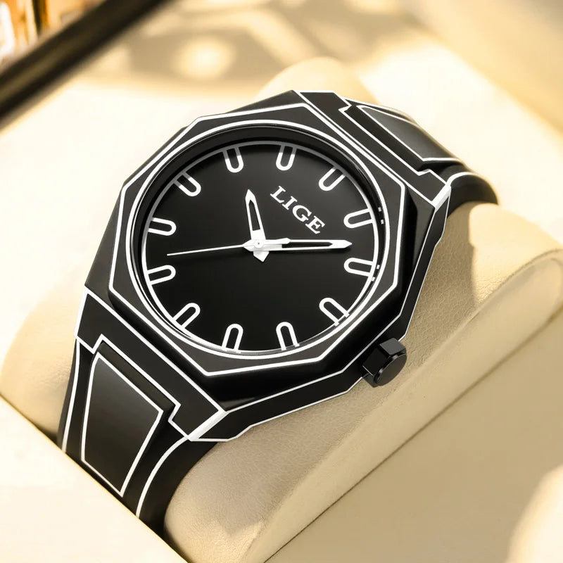 LIGE Sketching Design Man Watch Classic Simple Silicone Strap Leisure Men's Quartz Wristwatch Creative Minimalist Watch for Men