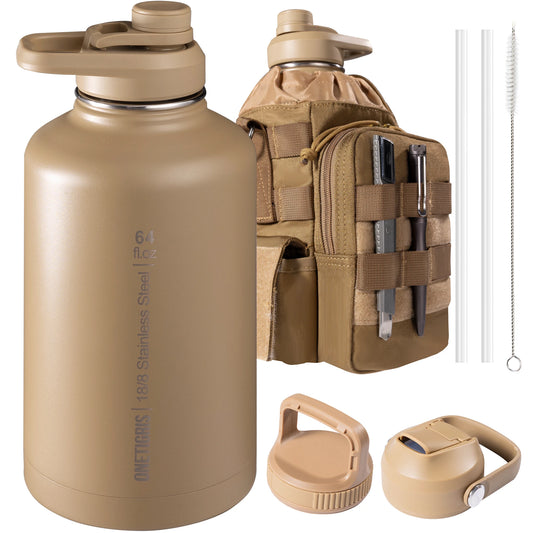 OneTigris 64oz Insulated Water Bottle, Stainless Steel Tactical Water Jug with 3 Lids, Straw, Leak-Proof Design & Carry Bag