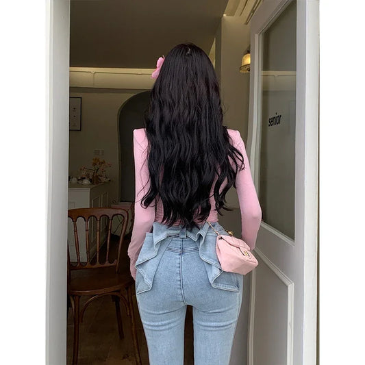 Three-dimensional butterfly jeans with a sense of design, female 2025 summer high waist and slim hip bell bottoms (small)