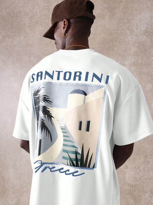 Mens Oversized Printed Boxy T Shirt Santorini Greece Aesthetic Casual Travel Souvenir Graphic Holiday Beach Tee men clothing