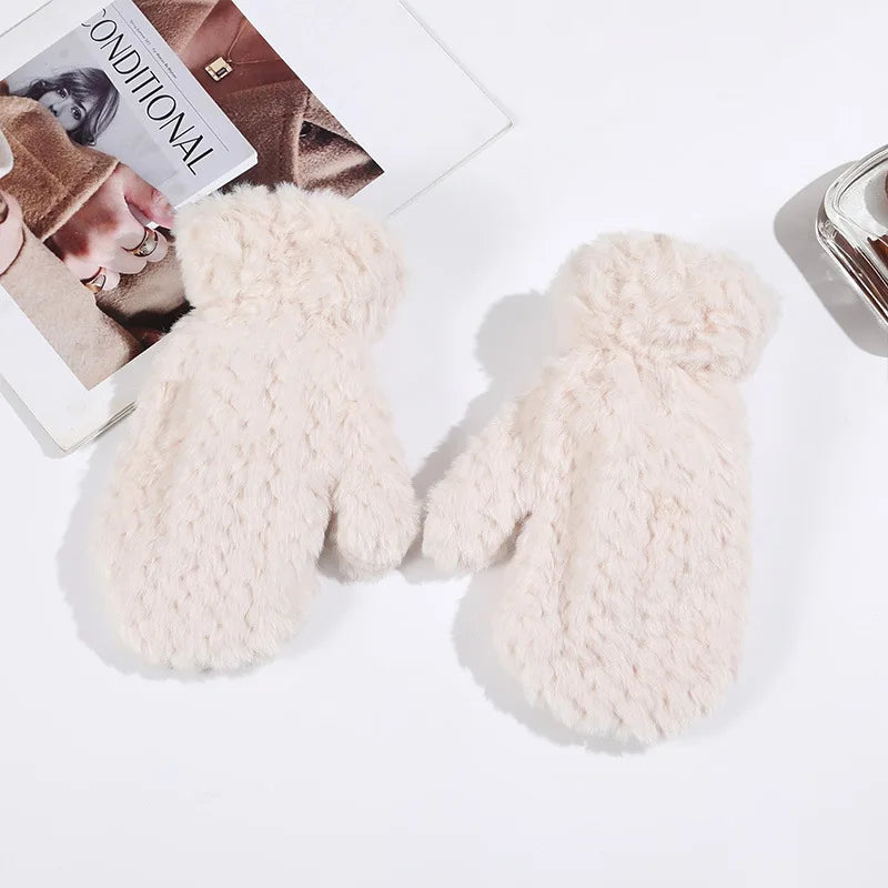 Elegant Thicken Plush Soft Winter Fingerless Gloves Women Warm Fur Mittens Cold Protection Velvet lining Outdoor Fluffy Gloves