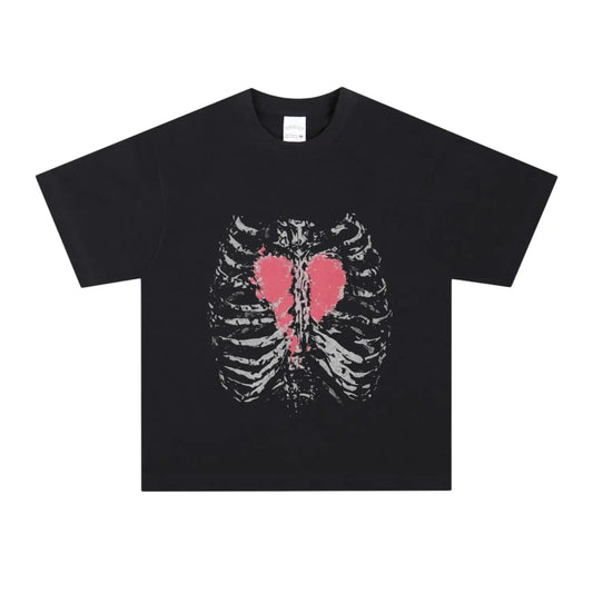2025 New Broken Heart Streetwear T-shirt Set Short Sleeve Tops with Ribcage Print and Love Design Casual Spring Summer Outfit