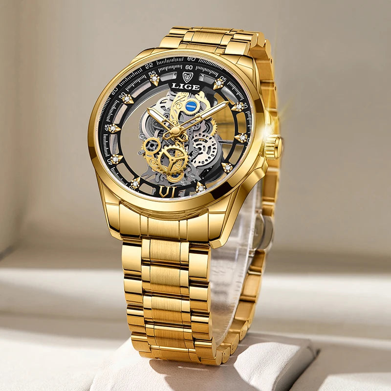 LIGE Men Watch Skeleton Quartz Wristwatch Gold Skeleton Retro Man Watch Top Brand Luxury Clock Mens Watches Relojs Hombre+Box
