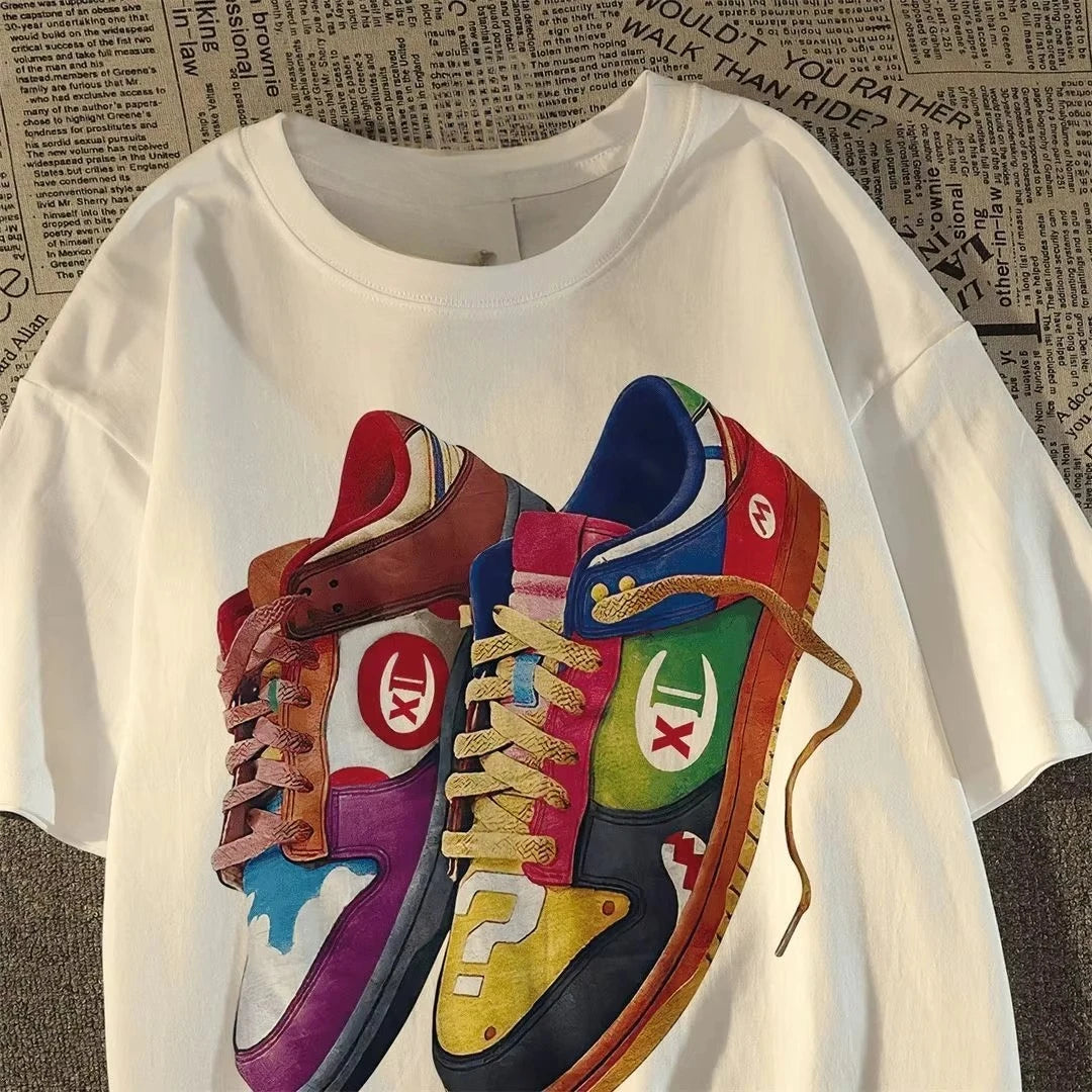 Cotton Vintage Round Neck Short Sleeve T-Shirt for Men White Top