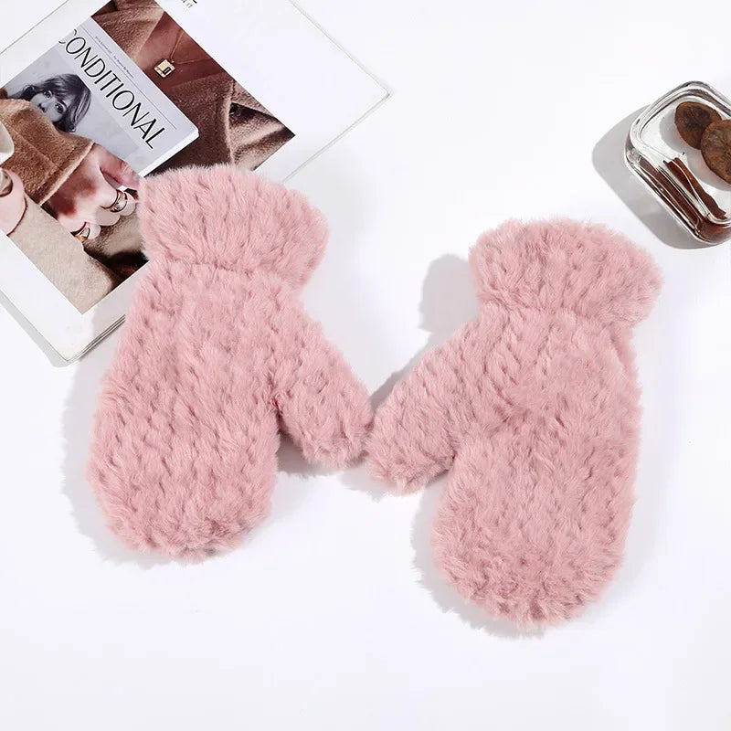 Elegant Thicken Plush Soft Winter Fingerless Gloves Women Warm Fur Mittens Cold Protection Velvet lining Outdoor Fluffy Gloves