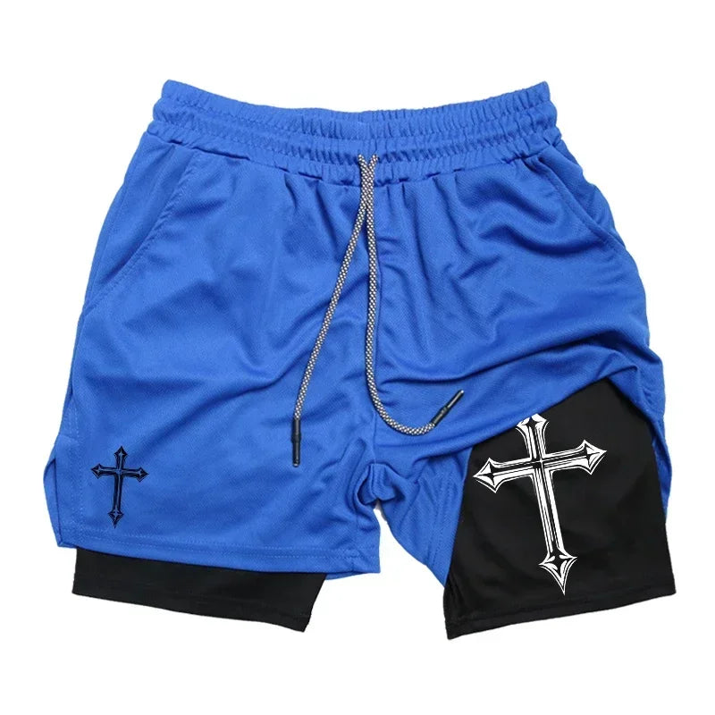 Men's cross printed 2-in-1 training shorts with compression lining Christian gym sports shorts phone pocket towel buckle run