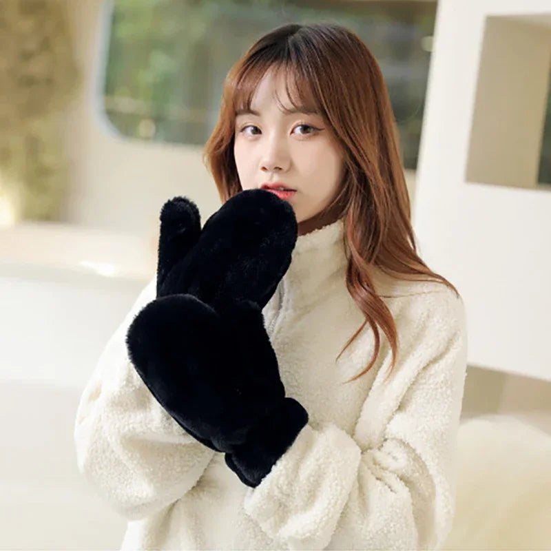 Elegant Thicken Plush Soft Winter Fingerless Gloves Women Warm Fur Mittens Cold Protection Velvet lining Outdoor Fluffy Gloves
