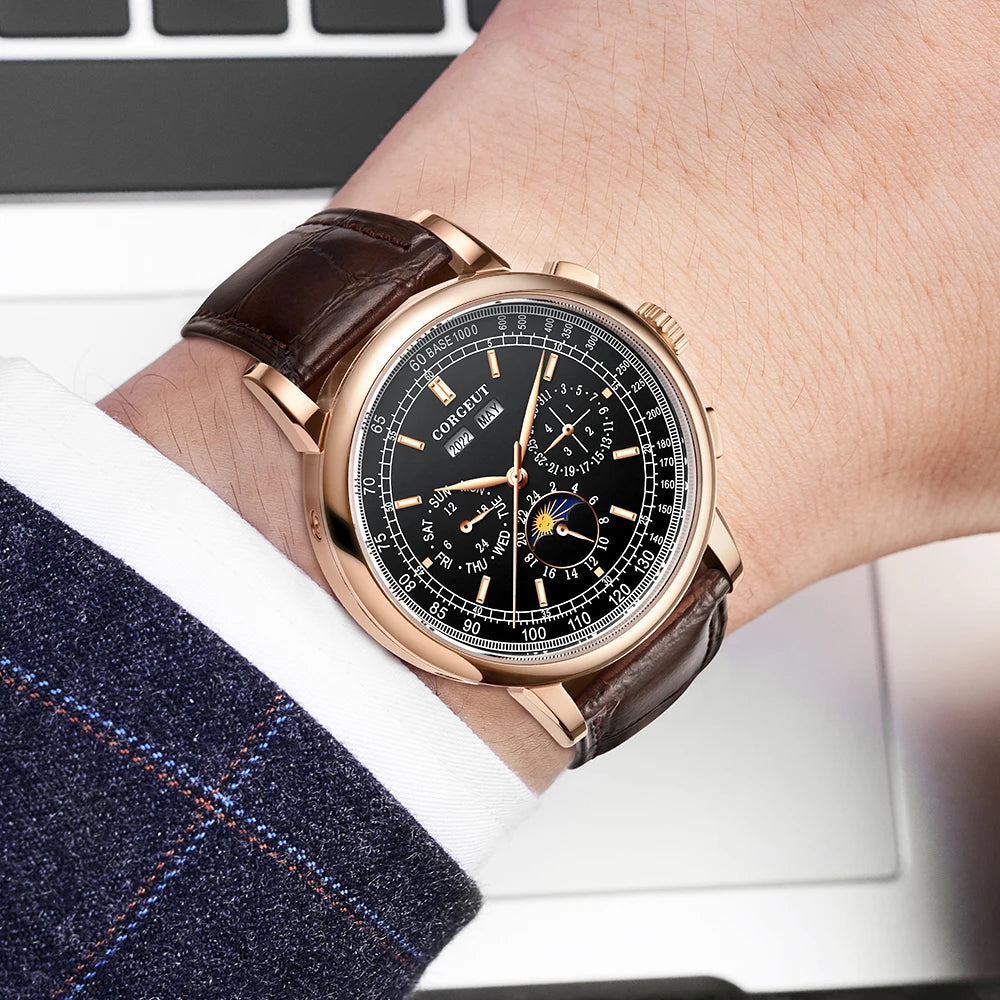 Corgeut 42mm Automatic Men's Watch Date Day Month Year Rose Gold Dial Multifunction 316L Leather Strap Polished Case Day Night