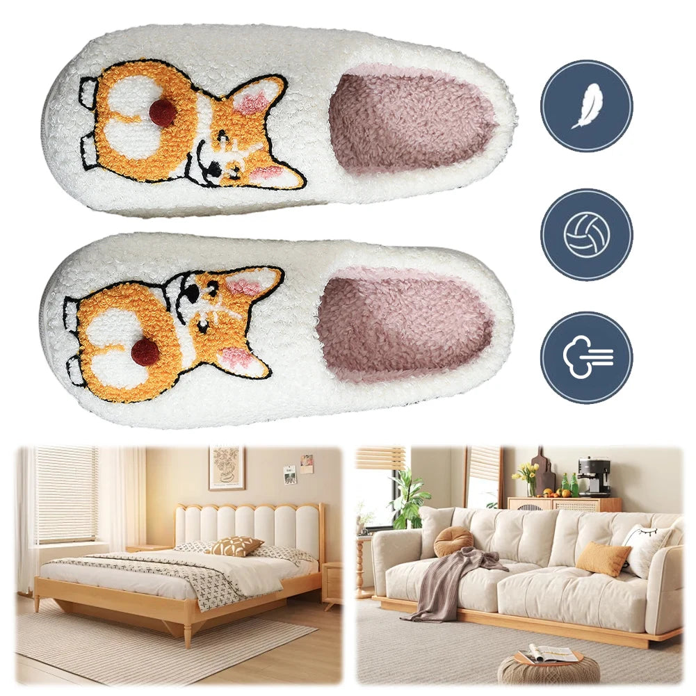 Plush Dog Slippers Fuzzy Indoor Slippers Anti Slip Closed Toe Slippers Comfortable Funny Corgi Dog Slippers for Indoor Bedroom