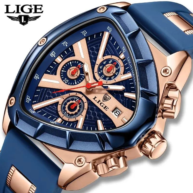 LIGE Men's Sports Chronograph Wrist Watch For Men Army Silicone Strap  Triangle Quartz Stop Watch Clock Man Ship From US