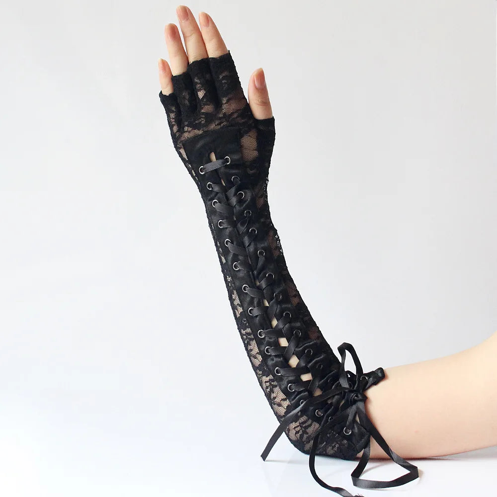 Sexy Lace Strap Gloves Long Ribbon Half Finger Prom Gloves Show Nightclub Dinner Cosplay Punk Gothic Lolita Cool Glove