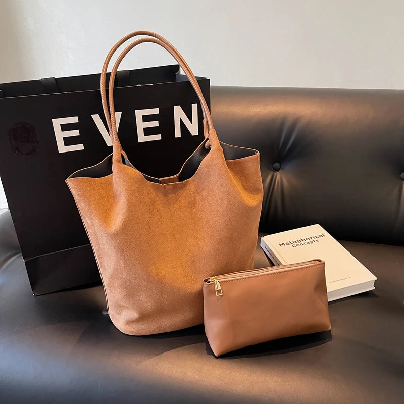 Tote Bag Faux Suede Slouchy Shoulder Bag for Women Solid Handbag Retro Handbag Woman Fashion Commuter Shopping Bag