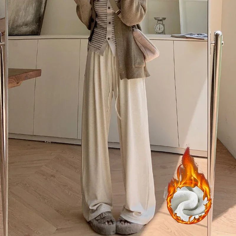 Winter Female Snow Warm Wide Leg Pants Girls Korean Plush High Waist Trousers Women Fleece Thermal Casual Daily Pants
